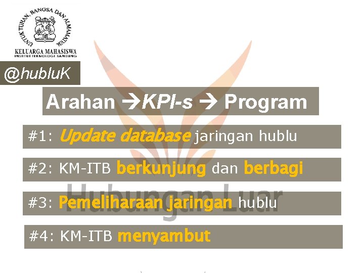 @hublu. K MITB Arahan KPI-s Program Kerja #1: Update database jaringan hublu #2: KM-ITB