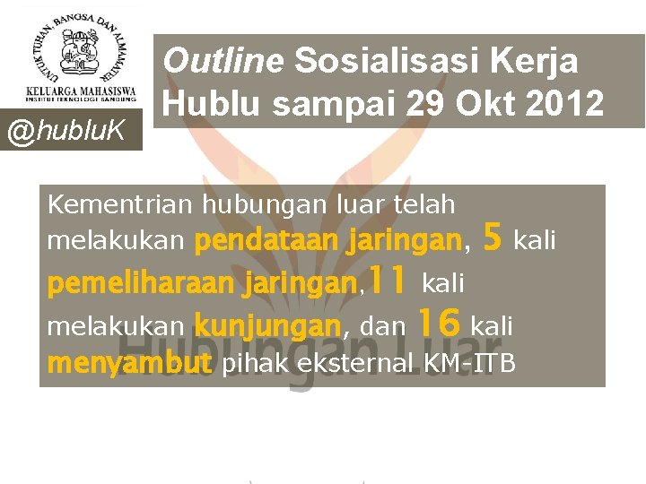 @hublu. K MITB Outline Sosialisasi Kerja Hublu sampai 29 Okt 2012 Kementrian hubungan luar