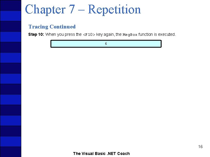 Chapter 7 – Repetition Tracing Continued Step 10: When you press the <F 10>