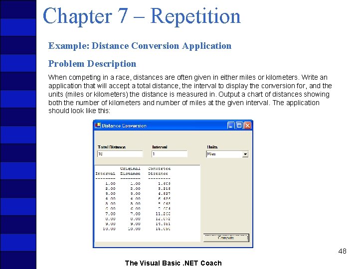 Chapter 7 – Repetition Example: Distance Conversion Application Problem Description When competing in a