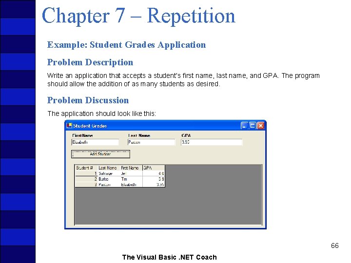 Chapter 7 – Repetition Example: Student Grades Application Problem Description Write an application that