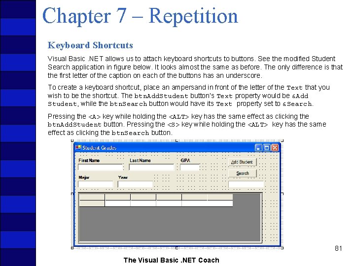 Chapter 7 – Repetition Keyboard Shortcuts Visual Basic. NET allows us to attach keyboard