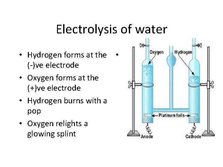 Electrolysis of water • Hydrogen forms at the • (-)ve electrode • Oxygen forms