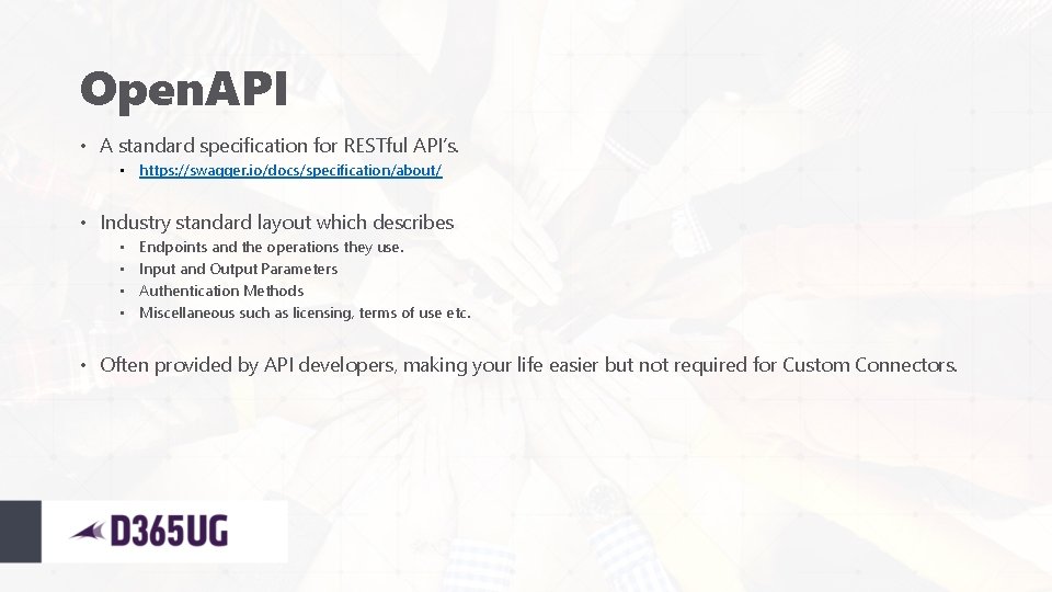 Open. API • A standard specification for RESTful API’s. • https: //swagger. io/docs/specification/about/ •