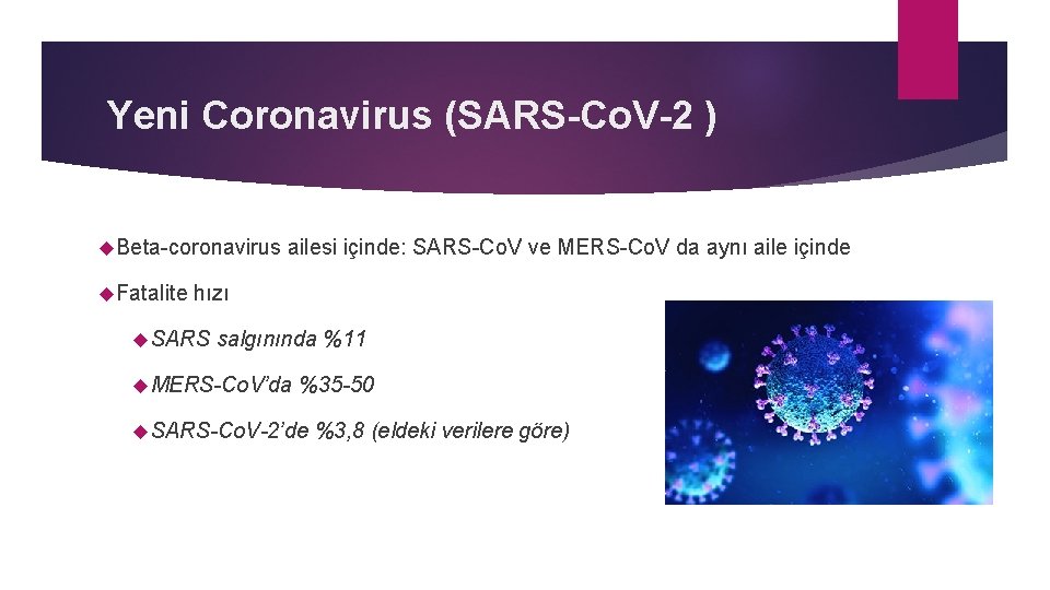 Yeni Coronavirus (SARS-Co. V-2 ) Beta-coronavirus Fatalite ailesi içinde: SARS-Co. V ve MERS-Co. V