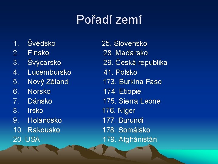 Pořadí zemí 1. Švédsko 2. Finsko 3. Švýcarsko 4. Lucembursko 5. Nový Zéland 6.