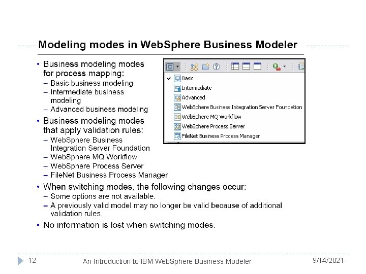 12 An Introduction to IBM Web. Sphere Business Modeler 9/14/2021 