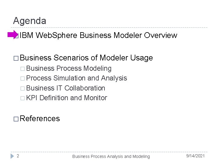 Agenda � IBM Web. Sphere Business Modeler Overview � Business Scenarios of Modeler Usage