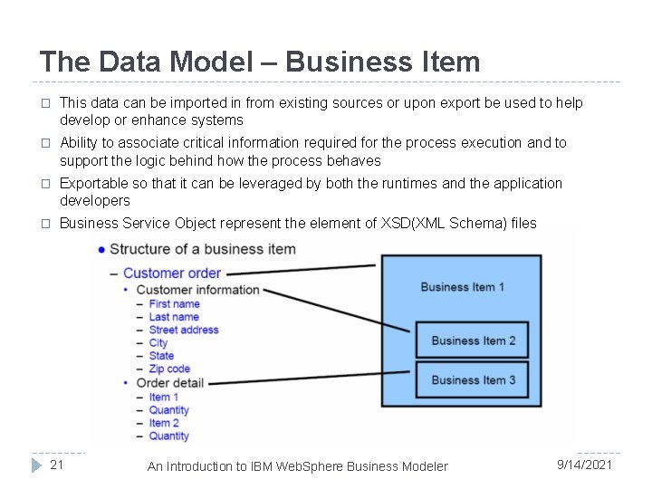 The Data Model – Business Item � This data can be imported in from