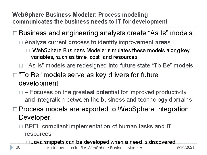 Web. Sphere Business Modeler: Process modeling communicates the business needs to IT for development