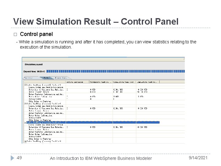 View Simulation Result – Control Panel � Control panel - While a simulation is