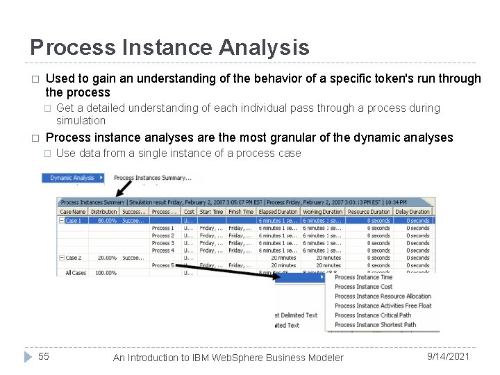 Process Instance Analysis � Used to gain an understanding of the behavior of a