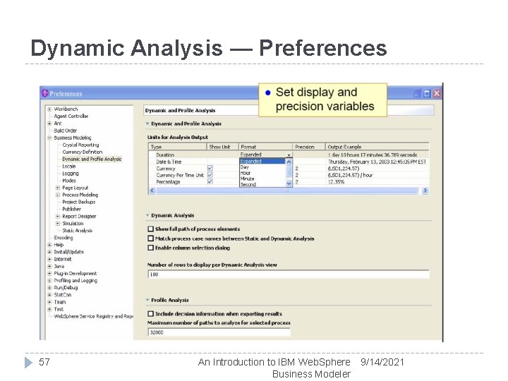 Dynamic Analysis — Preferences 57 An Introduction to IBM Web. Sphere Business Modeler 9/14/2021