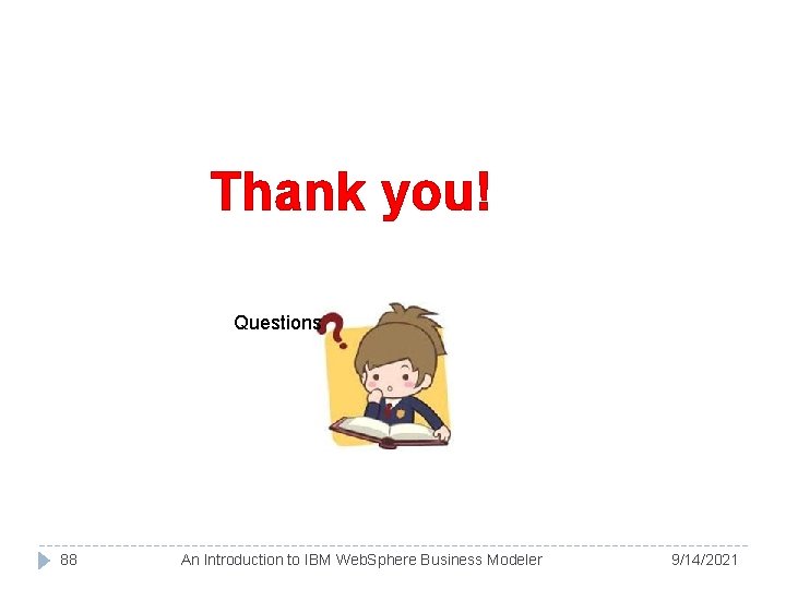 Thank you! Questions 88 An Introduction to IBM Web. Sphere Business Modeler 9/14/2021 