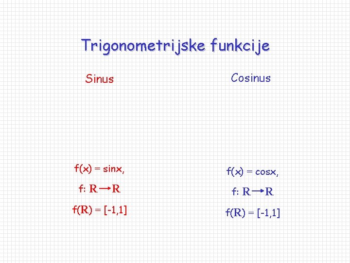 Trigonometrijske funkcije Sinus Cosinus f(x) = sinx, f(x) = cosx, f: R R f(R)