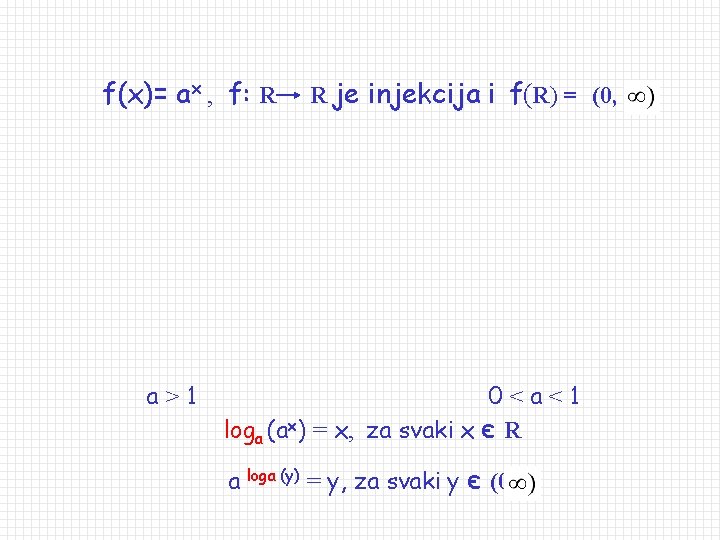 f(x)= ax , f: R a>1 R je injekcija i f(R) = (0, 0<a<1
