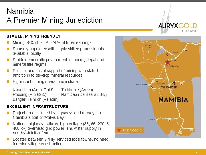 Namibia: A Premier Mining Jurisdiction TSX: AYX STABLE, MINING FRIENDLY Mining >8% of GDP,