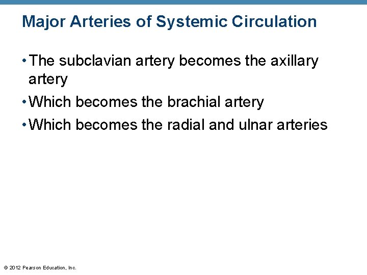 Major Arteries of Systemic Circulation • The subclavian artery becomes the axillary artery •