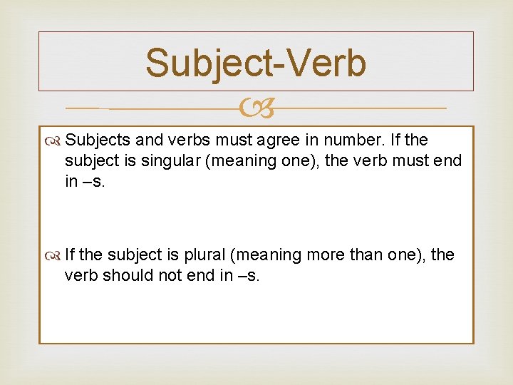 Subject-Verb Subjects and verbs must agree in number. If the subject is singular (meaning