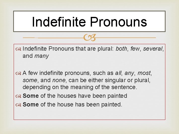 Indefinite Pronouns that are plural: both, few, several, and many A few indefinite pronouns,