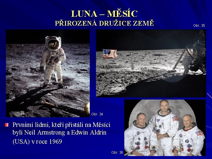 LUNA – MĚSÍC PŘIROZENÁ DRUŽICE ZEMĚ Obr. 34 Prvními lidmi, kteří přistáli na Měsíci