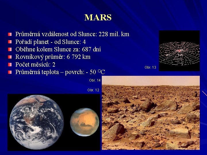 MARS Průměrná vzdálenost od Slunce: 228 mil. km Pořadí planet - od Slunce: 4