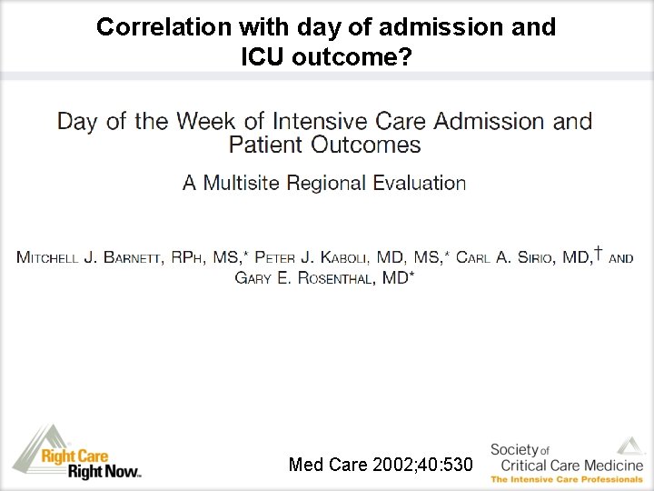 Correlation with day of admission and ICU outcome? Med Care 2002; 40: 530 