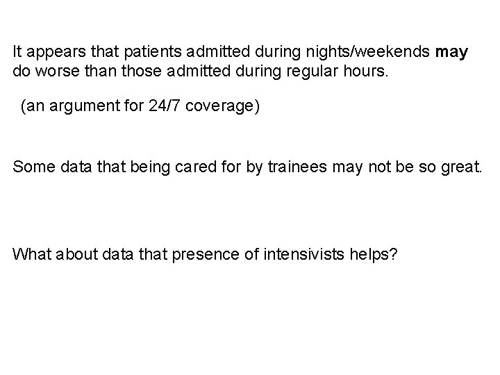 It appears that patients admitted during nights/weekends may do worse than those admitted during