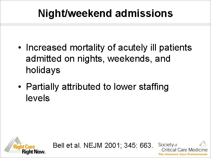 Night/weekend admissions • Increased mortality of acutely ill patients admitted on nights, weekends, and