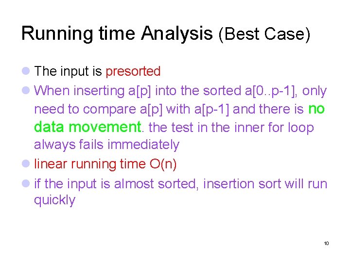 Running time Analysis (Best Case) The input is presorted When inserting a[p] into the
