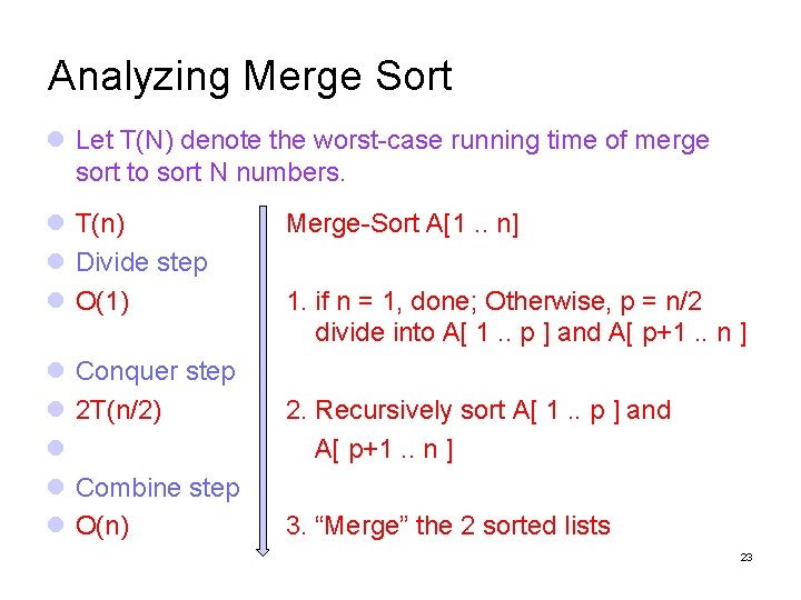 Analyzing Merge Sort Let T(N) denote the worst-case running time of merge sort to