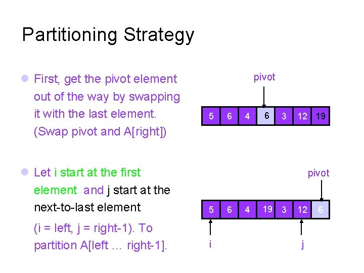 Partitioning Strategy First, get the pivot element out of the way by swapping it