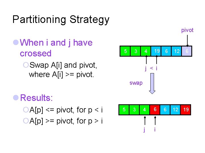 Partitioning Strategy pivot When i and j have crossed 5 3 4 Swap A[i]