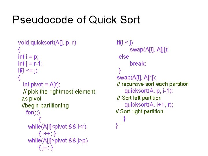 Pseudocode of Quick Sort void quicksort(A[], p, r) { int i = p; int