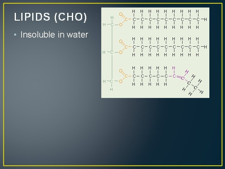 LIPIDS (CHO) • Insoluble in water 