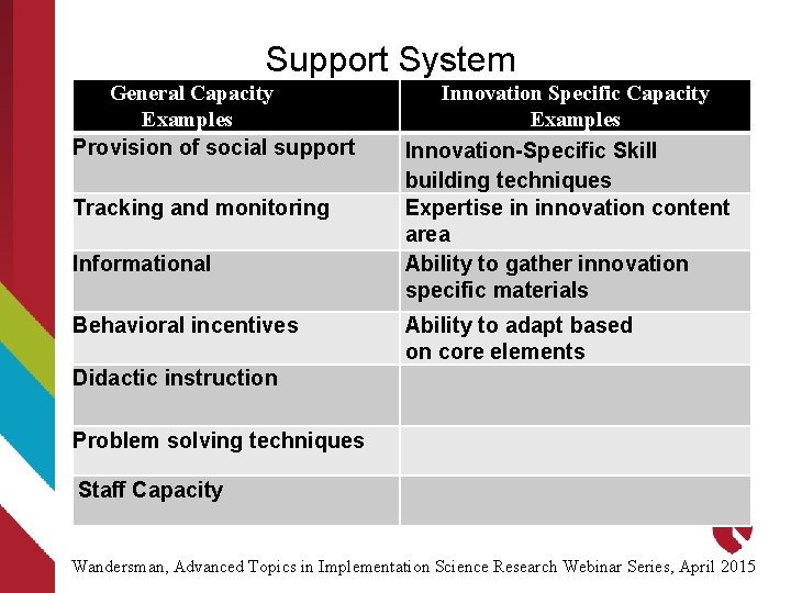 Support System General Capacity Examples Provision of social support Tracking and monitoring Informational Behavioral