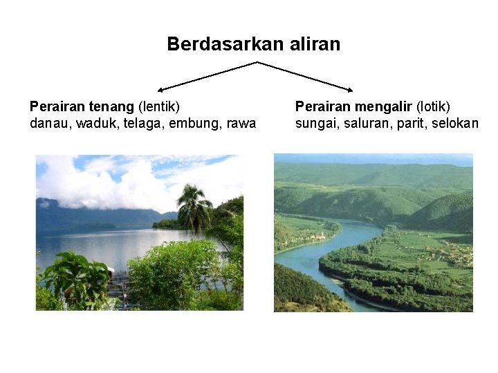 Berdasarkan aliran Perairan tenang (lentik) danau, waduk, telaga, embung, rawa Perairan mengalir (lotik) sungai,