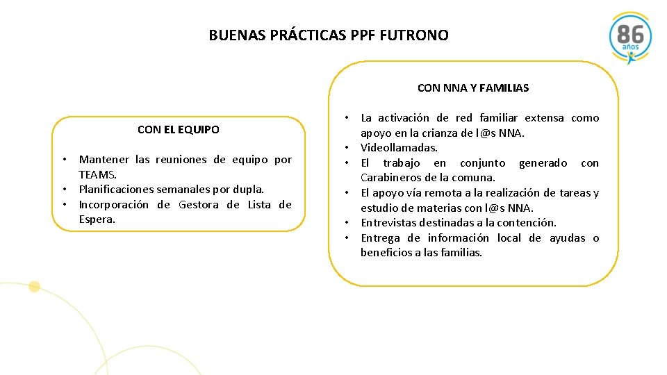 BUENAS PRÁCTICAS PPF FUTRONO CON NNA Y FAMILIAS CON EL EQUIPO • Mantener las