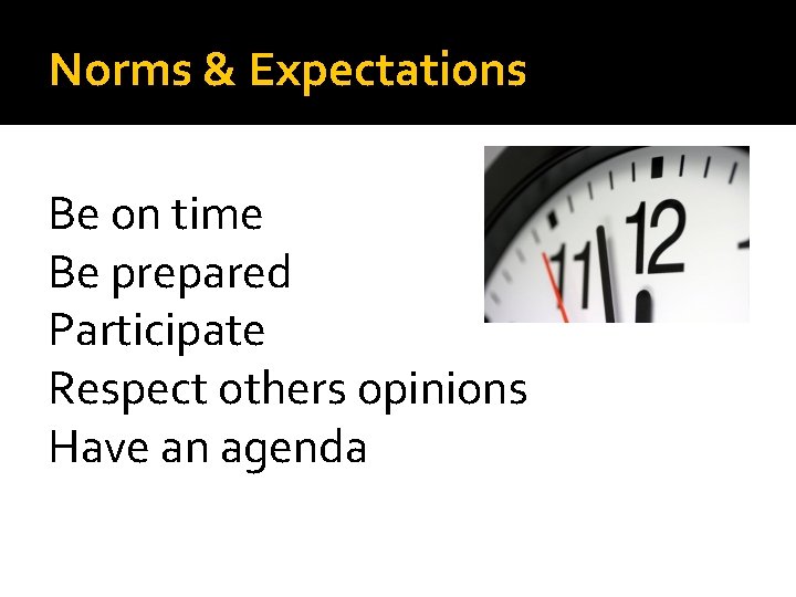 Norms & Expectations Be on time Be prepared Participate Respect others opinions Have an