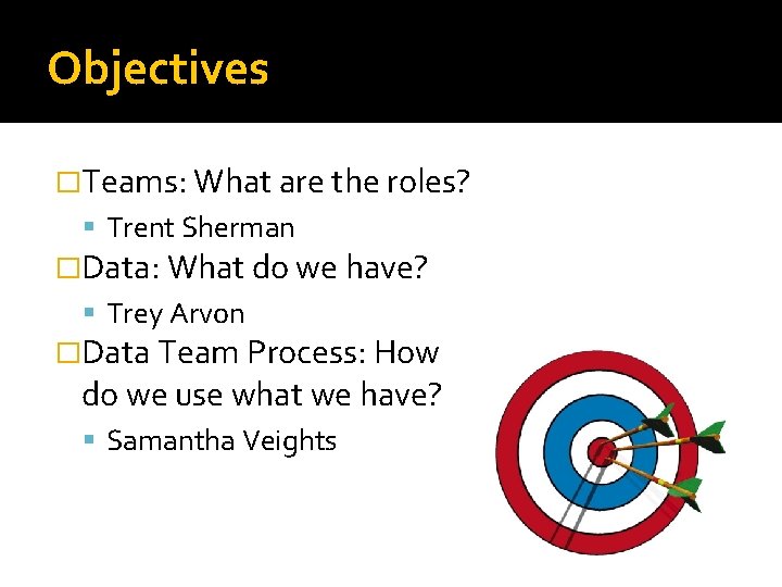 Objectives �Teams: What are the roles? Trent Sherman �Data: What do we have? Trey