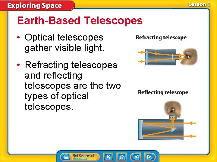 Earth-Based Telescopes • Optical telescopes gather visible light. • Refracting telescopes and reflecting telescopes