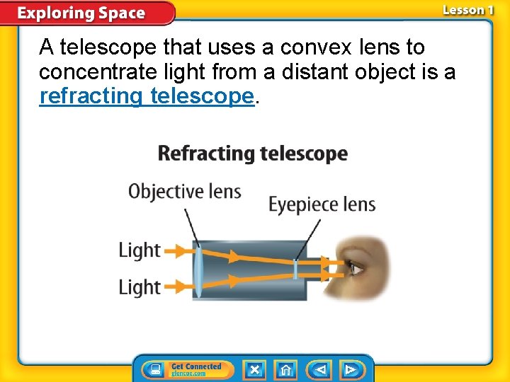 A telescope that uses a convex lens to concentrate light from a distant object