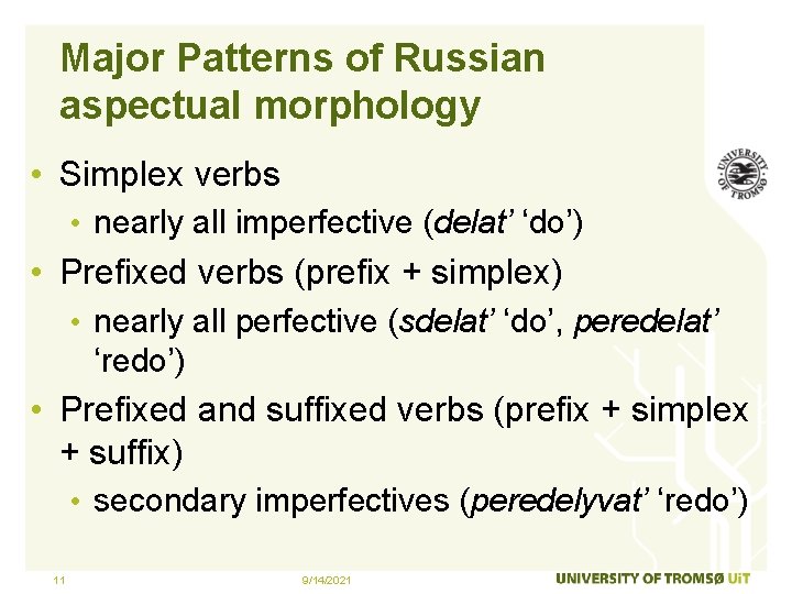 Major Patterns of Russian aspectual morphology • Simplex verbs • nearly all imperfective (delat’