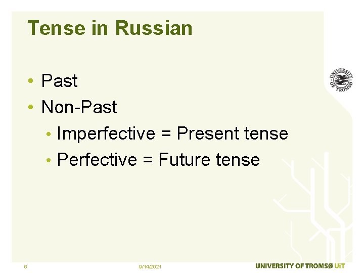 Tense in Russian • Past • Non-Past • Imperfective = Present tense • Perfective