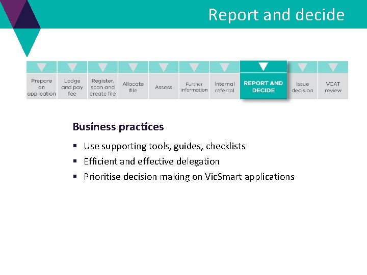 Report and decide Business practices § Use supporting tools, guides, checklists § Efficient and Report and decide Business practices § Use supporting tools, guides, checklists § Efficient and