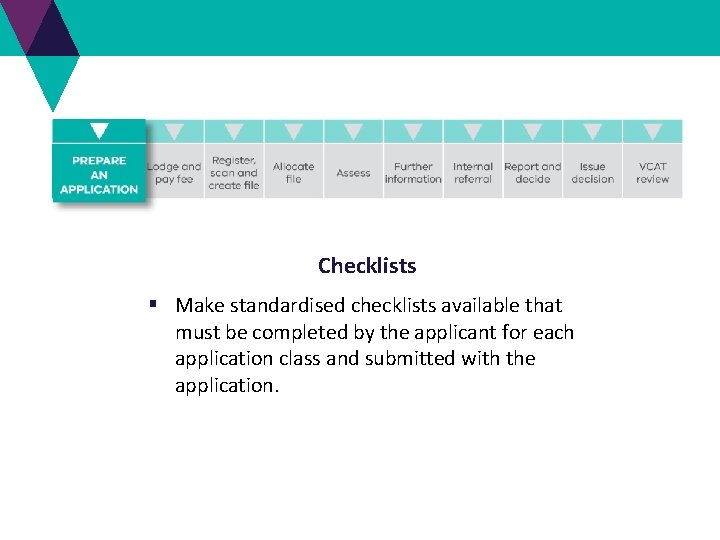 Checklists § Make standardised checklists available that must be completed by the applicant for Checklists § Make standardised checklists available that must be completed by the applicant for