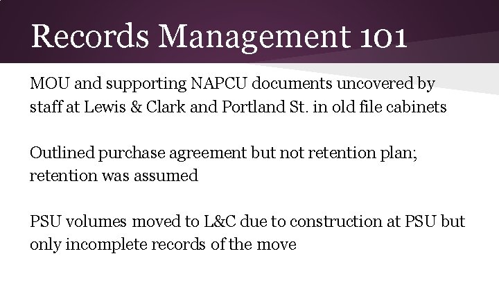 Records Management 101 MOU and supporting NAPCU documents uncovered by staff at Lewis &