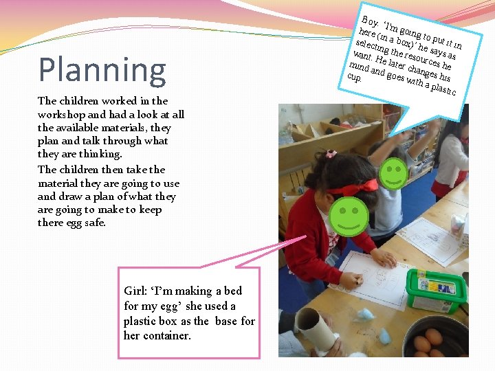 Planning The children worked in the workshop and had a look at all the