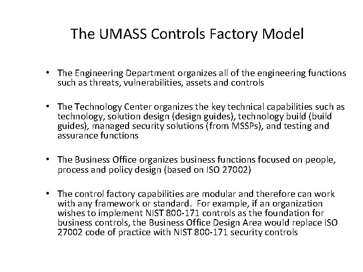 The UMASS Controls Factory Model • The Engineering Department organizes all of the engineering The UMASS Controls Factory Model • The Engineering Department organizes all of the engineering