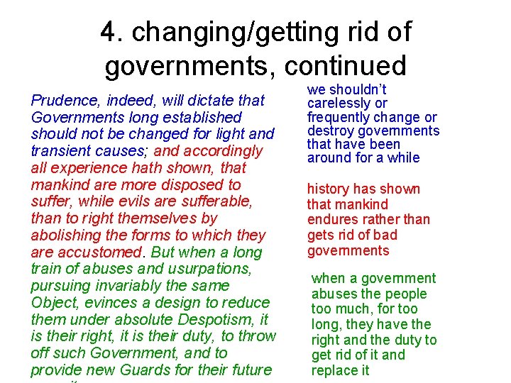 4. changing/getting rid of governments, continued Prudence, indeed, will dictate that Governments long established